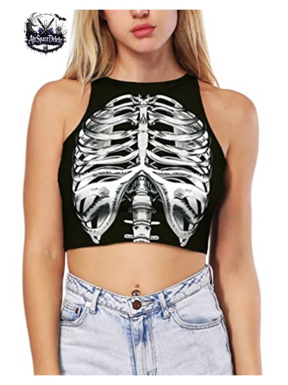 Skeleton Skull Graphic Cropped Tank Top Sleeveless High Neck Goth Y2K